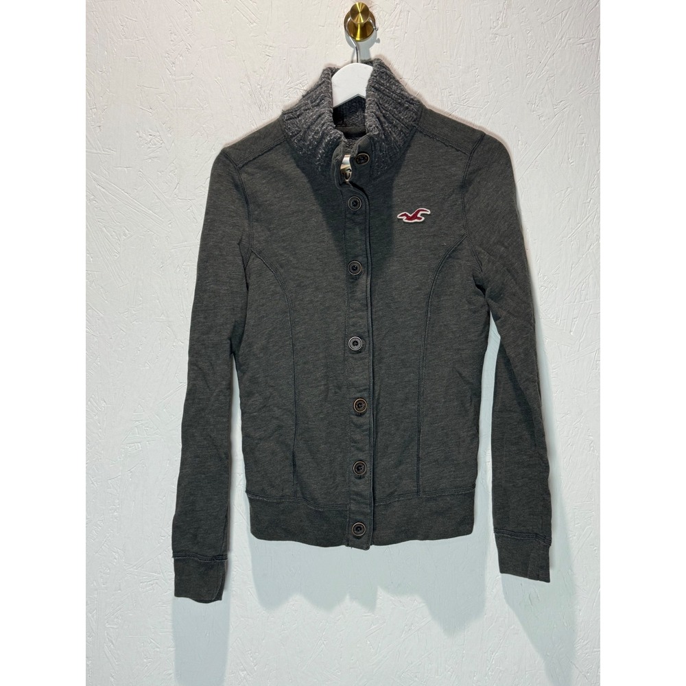 Hollister Womens Gray Button Front Fleece Jacket Wool Knit Collar Y2K 2011 Large